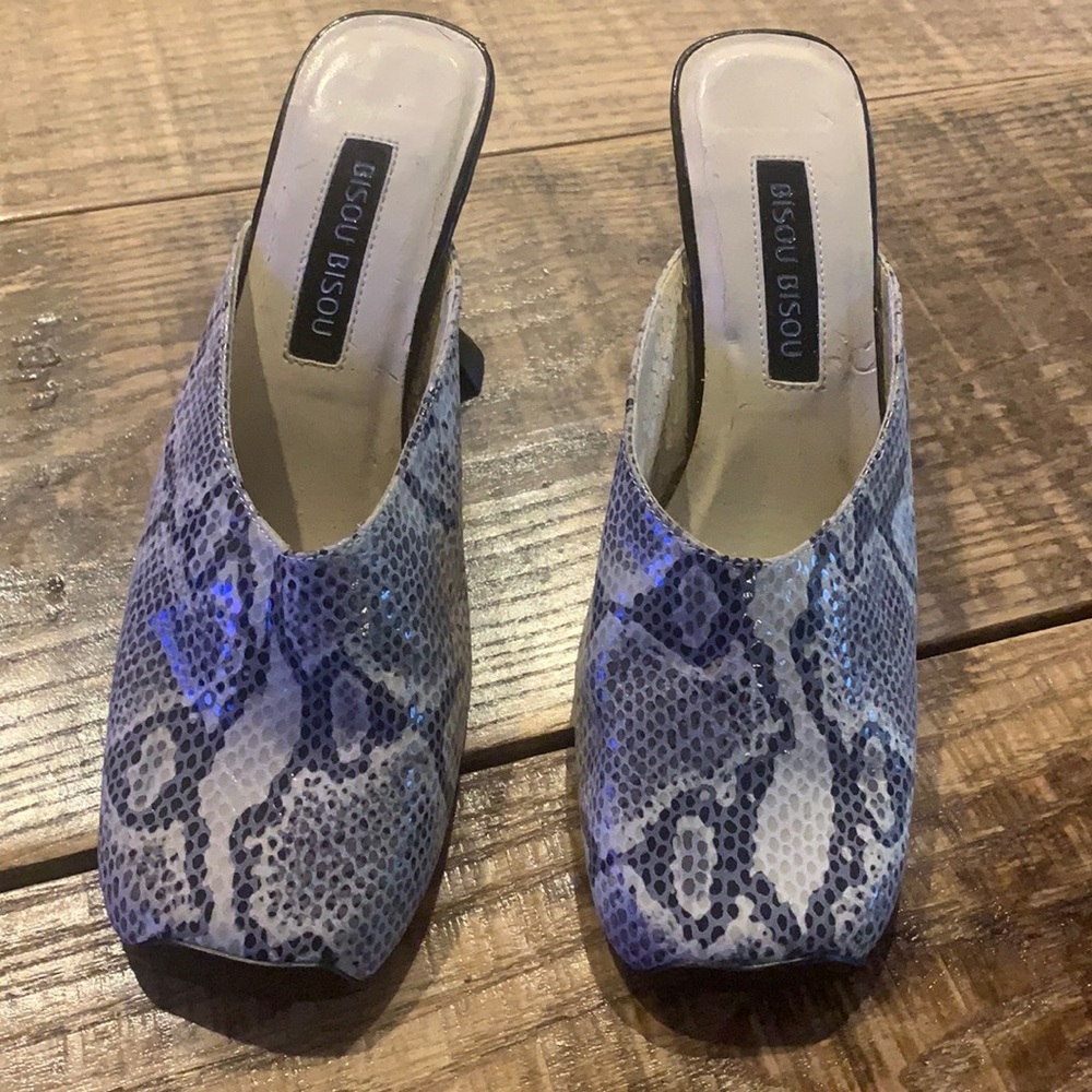 Bison Bisou snake skin mules, size 6